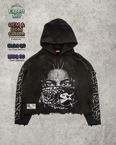 Felpa con Cappuccio Effetto Invecchiato con Stampa Ritratto, Orlo Grezzo, 100% Cotone Pesante, Stile Streetwear Invernale Hip Hop Urbano - Product Image 1