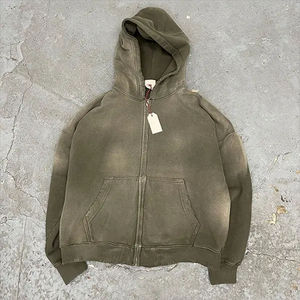 Custom Streetwear Hoodie No String <b>Fleece</b> Blank Boxy <b>Zip</b> <b>up</b> Vintage Double Layer Acid Wash Sun Faded Distressed Hoodies for <b>Men</b> - Product Image 2