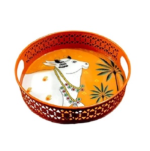 Plateau Pichwai traditionnel Diwali mariage décor à la maison plateau Pooja conception personnalisée exportation qualité plateaux ronds en métal imprimé floral - Product Image 3