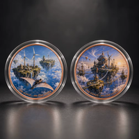 Pièce de monnaie ronde personnalisée de 1 OZ en cuivre fin 999, imprimée UV double face, thème Steampunk Île Flottante, Dirigeable, Éolienne, Ciel Fantastique, Cadeau