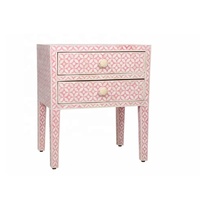 Table d'appoint avec incrustation d'os rose à motifs géométriques et 2 tiroirs Table de chevet en bois faite à la main Table de chevet