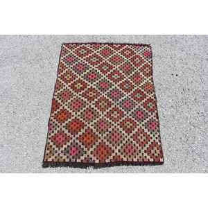 Alfombra turca vintage, alfombra Kilim de 2.7x3.7 pies, alfombra de lana roja marrón con motivos de plantas y árboles - Product Image 1