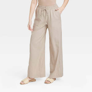 Pantalon en lin décontracté taille haute à jambe large avec taille élastique, respirant, beige, motif formel – Nouvelle collection - Product Image 2