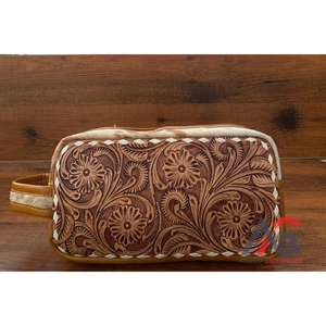 Hand Tooled Leather Cosmetic Storage <b>Bag</b> Cowhide <b>Large</b> Capacity Women <b>Makeup</b> Organizer Travel Toiletry Wash <b>Bag</b> With Zipper - Product Image 1