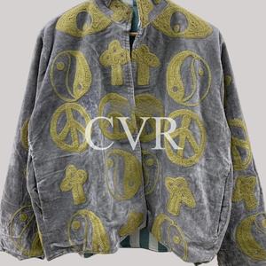 Manteau en velours à col mandarin, motif géométrique brodé, manches longues, vêtements d'extérieur décontractés pour femmes, automne, grande taille - Product Image 4