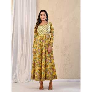 Vestido Anarkali de Algodón Estampado Amarillo Jaal, Transpirable, Estilo Hippie, Talla Única, Largo hasta la Rodilla, para Bodas y Fiestas Diurnas - Product Image 3