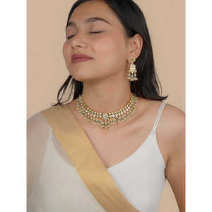 ชุดสร้อยคอ Jadau Kundan สีเขียวสีทองเครื่องประดับเจ้าสาวสไตล์วินเทจเพทาย MS2001Y สแตนเลส - Product Image 1