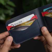 Dompet Kulit Asli Tanpa Lapisan (Full-Grain) Buatan Tangan No.80 Slim Handmade Fair Trade, Jahitan Tangan Gaya Prancis, Model Bifold untuk Pria (Warna Navy)