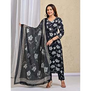 Hand Drawn Black <b>Block</b> <b>Printed</b> Cotton Anarkali Kurta Pant Set with Mulmul Dupatta Indian Ethnic and Party Wear with Net Fabric - Product Image 5