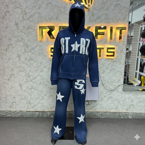 Ensemble de survêtement décontracté pour femme bleu clair avec capuche, fermeture éclair intégrale, imprimé étoiles, coupe ample en coton, sweat-shirt et pantalon, idéal pour l'automne - Product Image 4