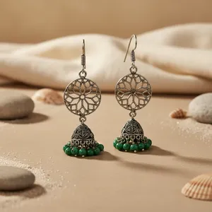 Boucles d'oreilles pendantes en argent 925 filigrané avec pierre naturelle et perles vertes, plaqué or rose, forme géométrique pour femmes, mariages, fêtes - Product Image 1
