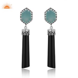 การออกแบบล่าสุดเงินสเตอร์ลิงวิจิตรธรรมชาติ Aqua ชาลซิโดนีและนิลสีดําพลอยวางต่างหูผู้ผลิตเครื่องประดับที่กําหนดเอง - Product Image 1