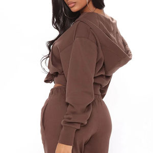 Sweat à capuche court zippé surdimensionné pour femme en molleton bouclette 100 % coton, couleur unie, avec logo frontal, idéal pour l'hiver - Product Image 5