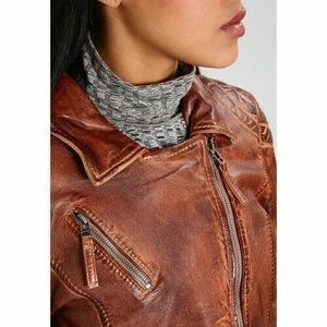 แจ็กเก็ตหนังแท้สีน้ำตาลวินเทจสำหรับผู้หญิงทรงสลิมฟิตแจ็คเก็ตมีซิปปิดทำด้วยมือสไตล์นักขี่จักรยาน2025 - Product Image 6