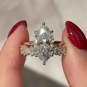 3.00CTW E VS1 Marquise Cut Lab grown Diamond Compromiso Nupcial Ring Set 14K Oro amarillo Unique Wedding Set Anniversary Gift Set - Product Image 2
