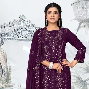 Conjunto de Shalwar Kameez de 4 Piezas de Georgette de Moda con Bordado, Pantalón de Santoon Mate con Parches y Dupatta Elegante - Ropa de Fiesta de Secado Rápido - Product Image 1