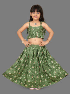 Shoryam - Lehenga Choli Largo hasta el Suelo con Estampado Digital Verde para Niñas |   Traje Tradicional Étnico para Niños, Completamente Cosido, para Bodas y Fiestas - Product Image 2