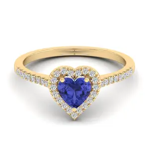 Manufacturer Direct Sale Heart Shape 14k Solid Yellow Gold Ring Blue Tanzanite IGI Certified Real Diamond Wedding Rings Women