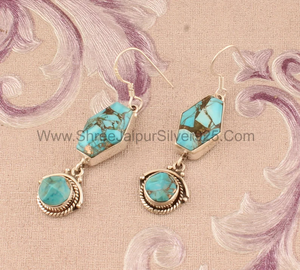 925 <b>Sterling</b> <b>Silver</b> Natural Blue Copper Turquoise <b>Hoops</b> Drop <b>Earrings</b> At Factory Price - Product Image 3