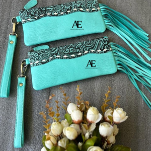 Bolso de mano de estilo occidental para mujer, Cartera de mano de piel turquesa con flecos, con cremallera - Product Image 1