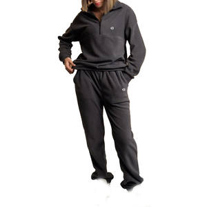 <b>Women</b> <b>Black</b> Half Zip Sweatshirt and Straight Leg Jogger Set Heavyweight Cotton <b>Fleece</b> Casual Tracksuit for Wholesale Supply - Product Image 3