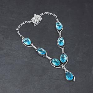 Blue Topaz Lab Created Pear Shape Sterling <b>Silver</b> 18 Inch <b>Necklace</b> Luxury Wedding Gift Jewelry - Product Image 3