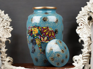 Elephant Cremation Urn for Ashes Hand Painted Blue Metal <b>Memorial</b> for your love <b>Memorial</b> <b>Keepsake</b> Urn Large Metal Funeral Urn - Product Image 2