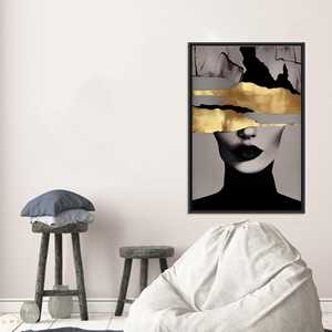 Arte Abstracto de Mujer: Lienzo Impreso en Dorado, Decoración Moderna para Pared, Lienzo con Marco NEGRO - Product Image 1