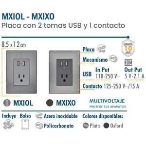 Double prise de courant USB, MXIXO-004, 4 pièces, USBx2/prise, 110/125-250VAC, 15A, 50/60Hz, 5VDC, 2.1A, Argent/Oxford, Acier - Product Image 2