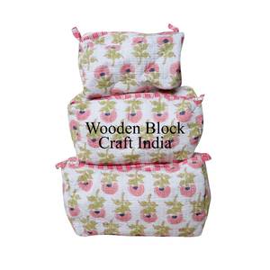 New Stylish 3 Piece white floral print <b>Quilted</b> Fabric Toiletry 3 Pouch Set Durable Travel Organizer Cosmetic <b>Bags</b> Cases - Product Image 1