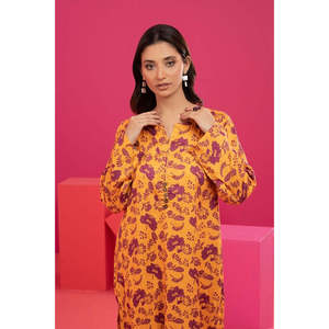 Vestido Casual Holgado de Manga Larga con Cuello Redondo, Estampado Floral y Cola, de Algodón y Fibra de Bambú Naranja para Mujer - Product Image 4