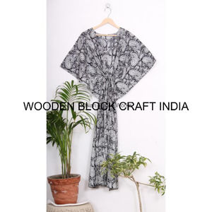 Kimono Largo de Verano, Vacaciones, Algodón Puro, Midi, Vintage, Fiesta, Hecho a Mano, Estampado Floral, Vestido Kaftan, Mujer, Moderno, Cintura Elástica - Product Image 3