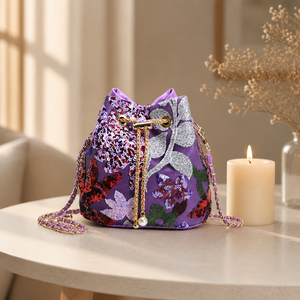 Bolso de Mano Tipo Cubo con Lentejuelas Bordadas Florales y Correa de Cadena Dorada para Mujer - Product Image 3