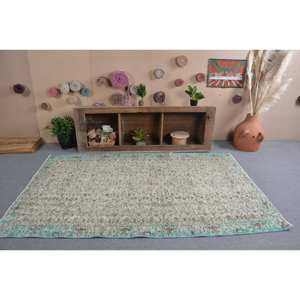 Tapis Turc Vintage 4'9 "X 8 'Vert Beige Classique Grande Surface Rectangle Peluche Laine Latex Classique Patchwork pour Couloir pour Chambre - Product Image 1