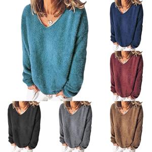 <b>Womens</b> V-Neck Fluffy Sweatshirt Ladies Casual <b>Tops</b> Pullover Jumper Plain Solid Pullover <b>Fleece</b> Long Sleeve Sweatshirt RRI-WSS-25 - Product Image 5