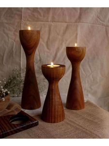 Bougeoir pilier en bois rustique Style saule pour la décoration intérieure Table de noël pièce maîtresse bougeoirs en bois bocaux à bougies - Product Image 3