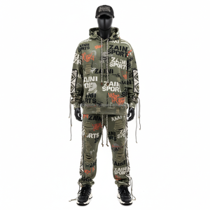 Alta calidad 350 GSM hombres chándal verde oliva tela de lana impresa Sudadera con capucha y Jogger conjunto diseño personalizado hombres chándal - Product Image 1