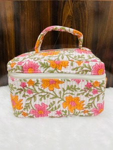 Le Souvenirs Vintage Quilted Handblock Vanity Pouch | Cotton Case <b>Zipper</b> Closure Inner Pockets Eco-Friendly Water Makeup <b>Storage</b> - Product Image 3