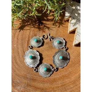 Handmade Navajo Kingman Turquoise & Sterling <b>Silver</b> Flower Concho Link <b>Bracelet</b> - Product Image 1