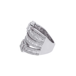 14K White Gold Rhodium Plated Multi-Row Crossover Baguette & Round Natural Diamond <b>Statement</b> <b>Ring</b> with Dual Square Accents - Product Image 3