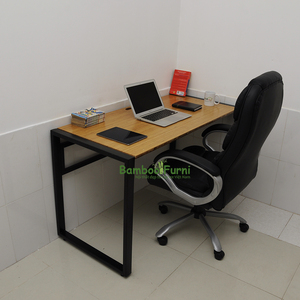 SB003a-<b>Solid</b> Oak Bamboo <b>Wood</b> <b>Desk</b> with Iron Frame Natural Color Trim Minimalist Contemporary Design for Bedroom 120x60x75 (cm) - Product Image 4