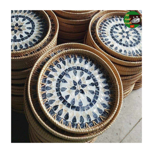 Woven Rattan Serving <b>Tray</b> Mixed with Mother of Pearl Mosaic Natural <b>Tray</b>, Round Wicker <b>Tray</b> <b>for</b> <b>Coffee</b> <b>Table</b> <b>Decor</b> - Product Image 5