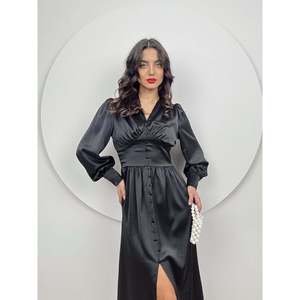 Vestido Midi de Satén Azul Saxe para Mujer, Marca missJANELL, con Escote Fruncido y Botones Frontales, Elegante Estilo Línea A de Poliéster para Fiesta - Product Image 4