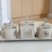 Ensemble de service islamique portable fait main et durable en acier inoxydable avec bocaux en verre, couvercles en forme de croissant et d'étoile, plateau décoratif pour le Ramadan et l'Aïd