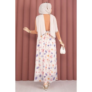 Bohemian Style for Cream Chiffon Tulle <b>Skirt</b> with Floral <b>Elastic</b> Waist Print Decoration - Product Image 5