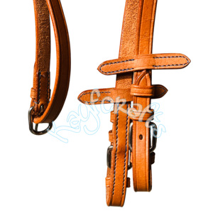 Bride sans mors en cuir beige végétal pour cheval avec rembourrage en peau de vache bleue et rênes en cuir - Product Image 4