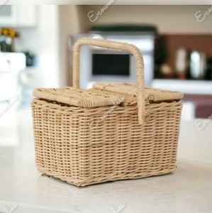 Vintage Wicker Bamboo Wooden Top <b>Picnic</b> <b>Basket</b> Set With Wooden Handle and Double Lid Outdoor Rattan Woven <b>Basket</b> <b>Picnic</b> <b>Basket</b> - Product Image 2