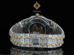 Montre personnalisée de luxe en acier inoxydable 40 mm avec moissanite glacée, plaquée or 18 carats, style hip-hop, diamant bicolore, mouvement mécanique, date - Product Image 5