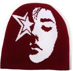 Beanie Hats Y2K para hombres y mujeres, Beanie bordado con estampado de cara, gorros de punto con puños de invierno suaves y cálidos de acrílico - Product Image 1