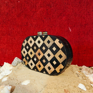 Sac à main ovale en résine et bois incrusté fait à la main avec motif géométrique en diamant Sac à main de soirée de luxe pour femmes - Product Image 3